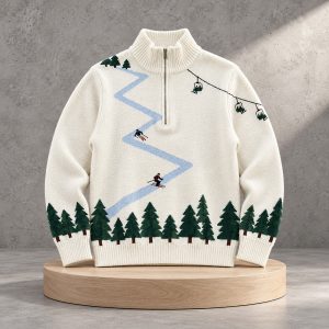 Winter Ivory Ski Scene Knit Half Zip Sweater